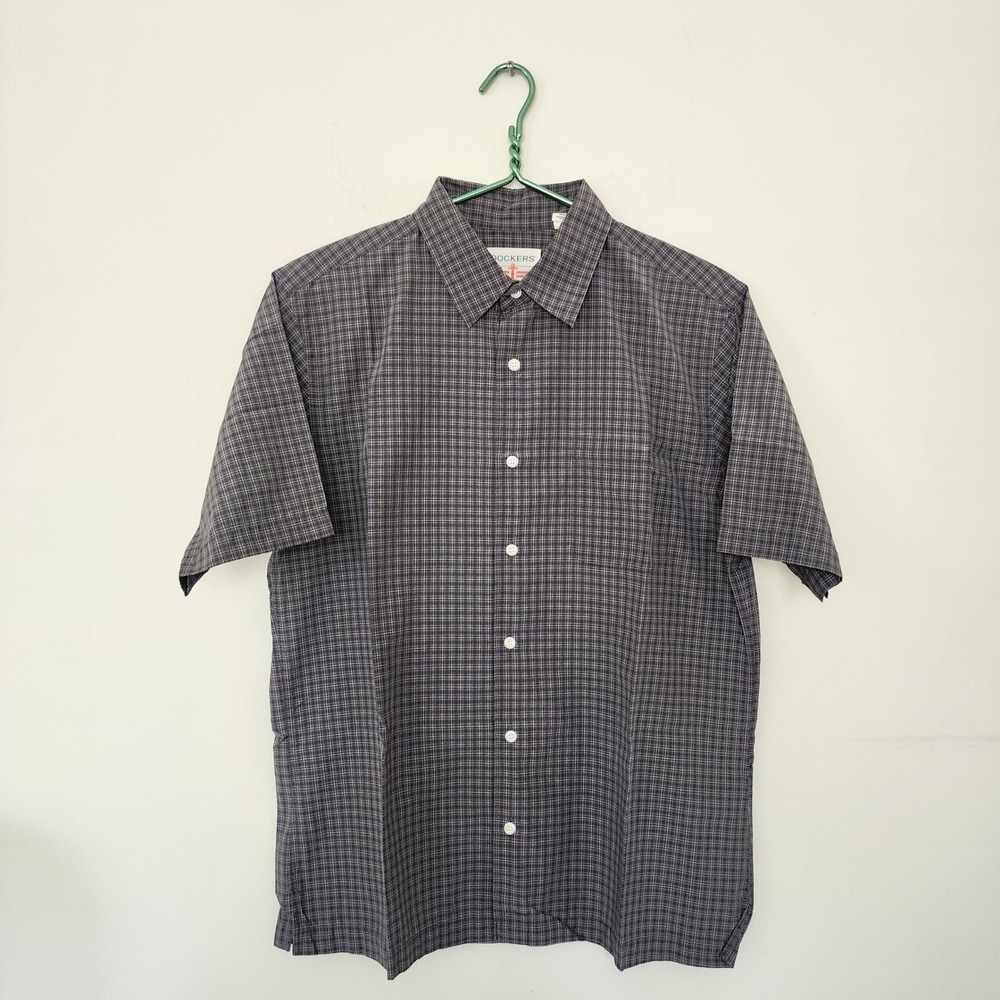 Dockers Mens Grey Plaid Short Sleeve Button‎ Down Shirt Large Pocket Casual